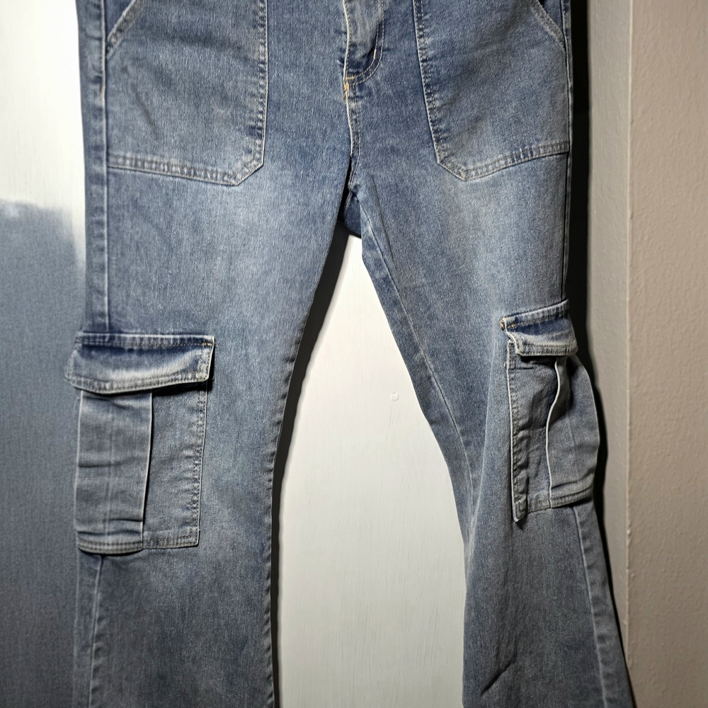 Indigo Rein Light Blue Denim Cargo Flare Jeans